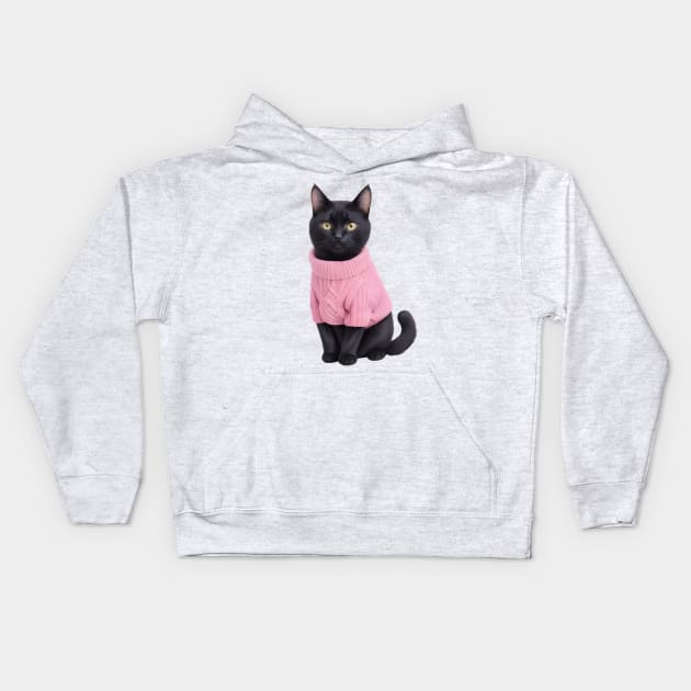 Black cat wearing pink sweater Kids Hoodie by Luckymoney8888